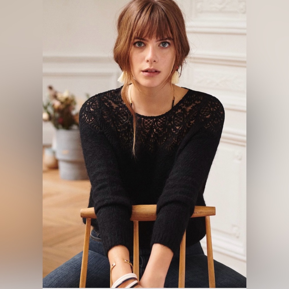 Sezane Black Lace Detail Sweater